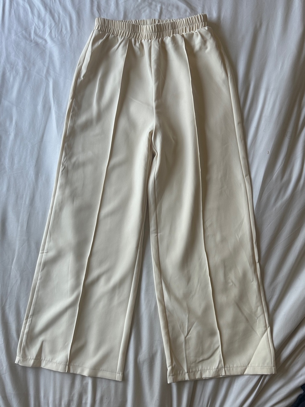 Cream Wide-Leg Pleated Pull-On Pants